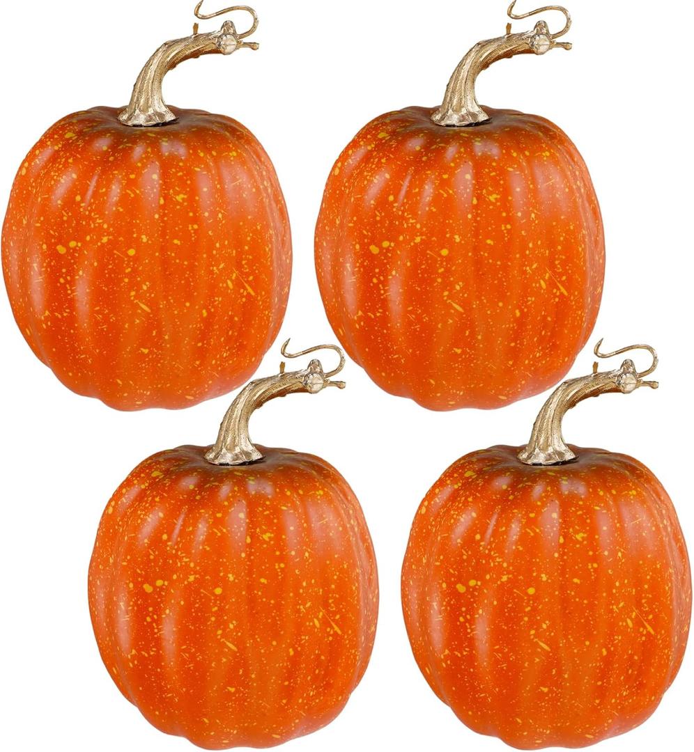 Winlyn 4 Pcs Rustic Elegant Harvest Orange Artificial Pumpkins, 5" Round, Realistic Foam Pumpkins for Fall Autumn Decor, Office Home Office, Halloween Thanksgiving Table Centerpiece (Orange and Black)