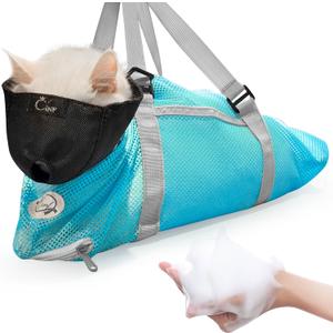 Cinf Cat Bathing Bag(Free Muzzle) Breathable Mesh Anti Scratch Adjustable Cat Grooming Bag for Nail Trimming, Bathing Soft Cat Washing Bag(Light Blue) M