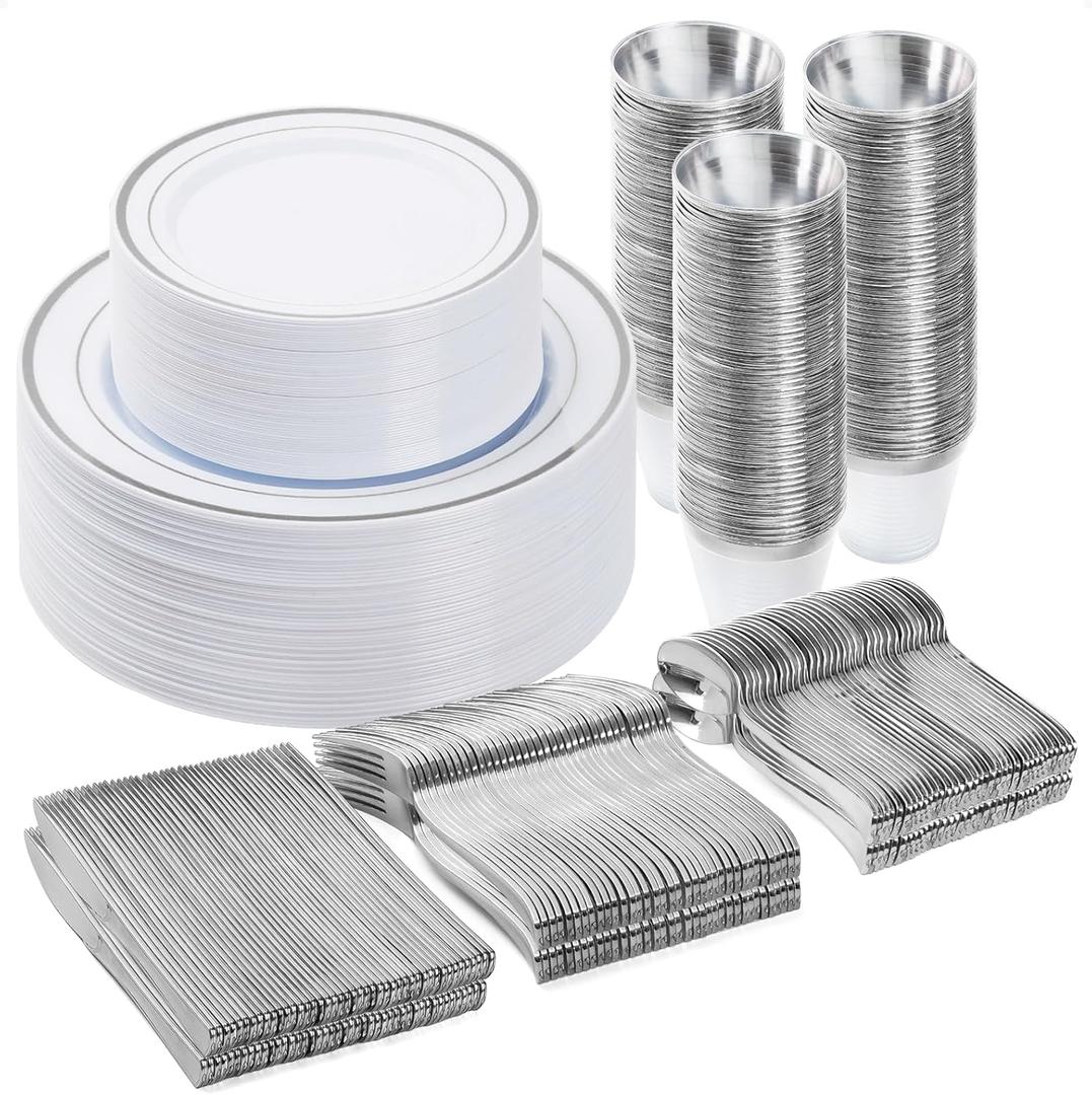 300PCS Plastic Dinnerware Set (50 Guests), Silver Disposable Plates for Party, Wedding, Anniversary, Includes: Dinner Plates, Dessert Plates, Cups, Spoons, Forks and Knives