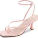 LOOPCHARM Women's Kitten Heel Strappy Open Square Toe Thong Ankle Strap Heels for Wedding,Light Pink,7