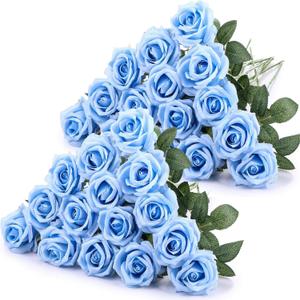 Hotop 40 Pcs Rose Artificial Flowers Bulk with Long Stem,Realistic Silk Fake Roses Bouquet for Home Wedding Centerpieces Party Table Decoration Valentines Gifts(Light Blue)