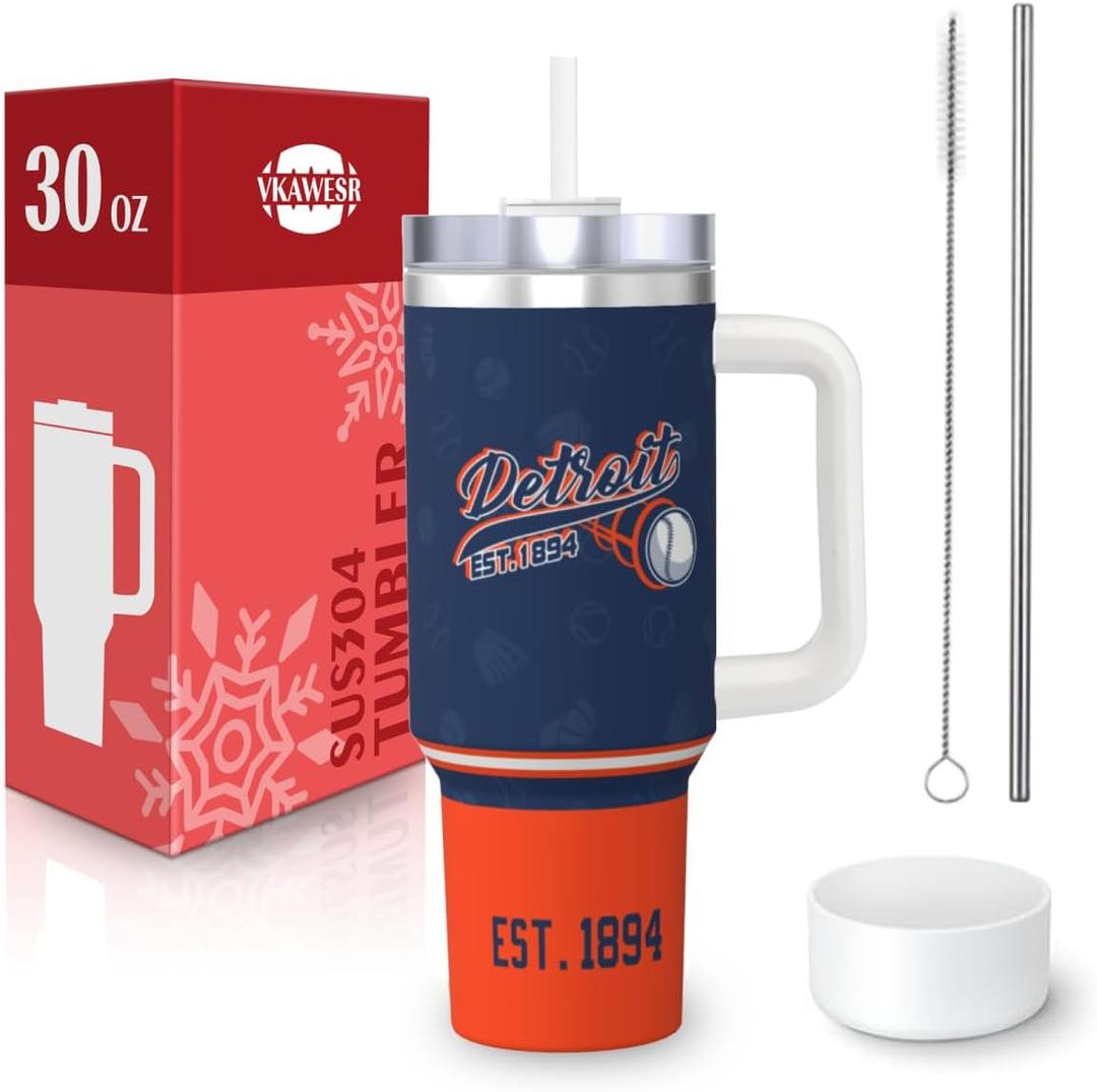 Detroit 30 oz Tumbler with Handle and Straw,Car cup,100% Leakproof Insulated Tumbler with Lid and Straw,Made of Stainless Steel,Cup Holder Friendly Base,Classic Collection Gifts for Fans