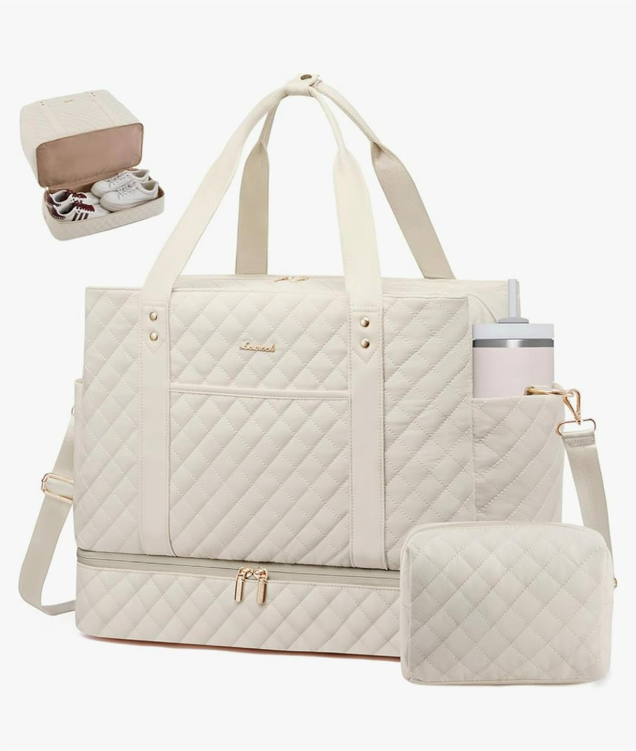 LOVEVOOK Large Travel Duffle Bag for Women, 45L Weekender Bags with Shoe Compartment & Wet Pocket, Quilted Carry On Personal Item Bag, Overnight Hospital Bags for Labor Delivery Beige