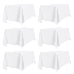 PureFit 6 Pack White Table Cloths 60 x 102 Inch, Stain and Wrinkle Resistant Linen for 6 Ft Rectangle Tables, Polyester Covers for Dining, Wedding, Party, Banquet and Camping