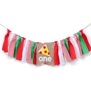 WAOUH Pizza Highchair Banner for 1st Birthday - Fabric Rag Garland Decoration, Cake Smash Photo Prop (80in)