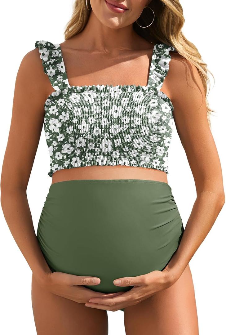 Summer Mae Maternity High Waist Bikini Swimsuit Two Piece Ruffled Hem Cute Bathing Suit Floral Pregnancy Swimwear (XX-Large, Garden Veil Bliss)