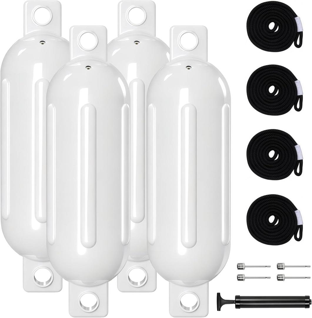 Boat Bumpers - 4 Pack 8.5" x 27" Boat Fenders for Docking with 4 Ropes and Air Pump, Inflatable Ribbed Vinyl Boat Bumper, UV Resistant & Saltwater Proof, for Jon Boats, Pontoon Boats, Yachts (White)