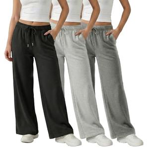 Common Stitch 3 Pack Wide Leg Fleece Lounge Sweatpants for Women — Deep Pockets, Relaxed Fit, Elastic Drawstring Waist, L