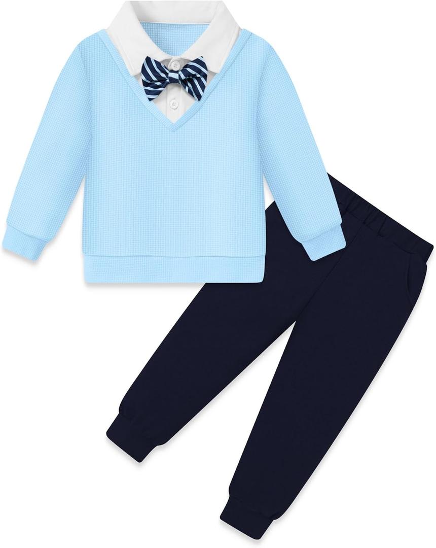 YALLET Toddler Boy Clothes Fake Two Piece Polo Sweatshirt Fall Winter Pullover Top+Bowtie+Pants Outfit Set for Kids(Blue, 3-4T)