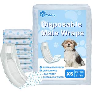 Disposable Male Dog Diapers, XS-26 Count SuperAbsorbent Male Wraps, Soft Cotton, Stereoscopic Edge Fit for Incontinence Dog Nappies, Potty Training, Travel, and Post-Surgical Care