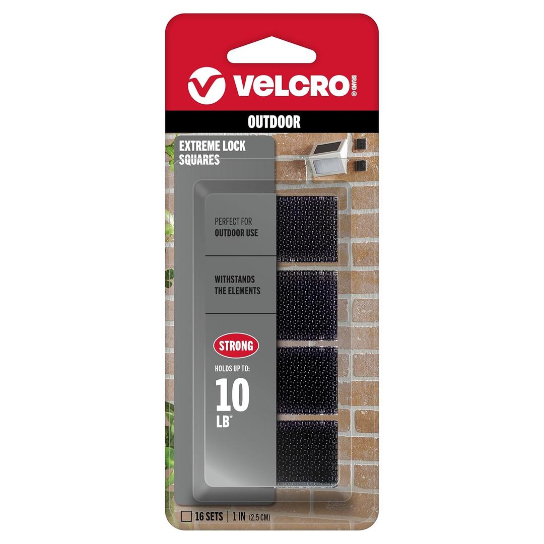 VELCRO Brand Extreme Lock Mounting Squares with Adhesive | 16 Sets, 1-Inch | Attach Electronics, Lighting or Signage Outdoors | Built to Withstand Harsh Temperatures and Weather | Black
