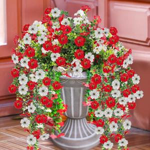 Artificial Flowers for Outdoors 6PCSAll Weather Fade Proof, UV Resistant Waterproof Realistic Faux Silk Mums Daisies Red & White for Hanging Planters Porch Patio Balcony Deck Fence Garden Decor