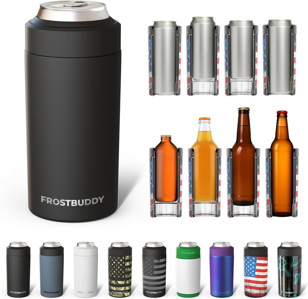 Frost Buddy Universal Can Cooler - Fits All - For Regular 12 & 16 oz or Slim-Size Bottles - Insulated Double-Walled Stainless Steel (Matte Black)