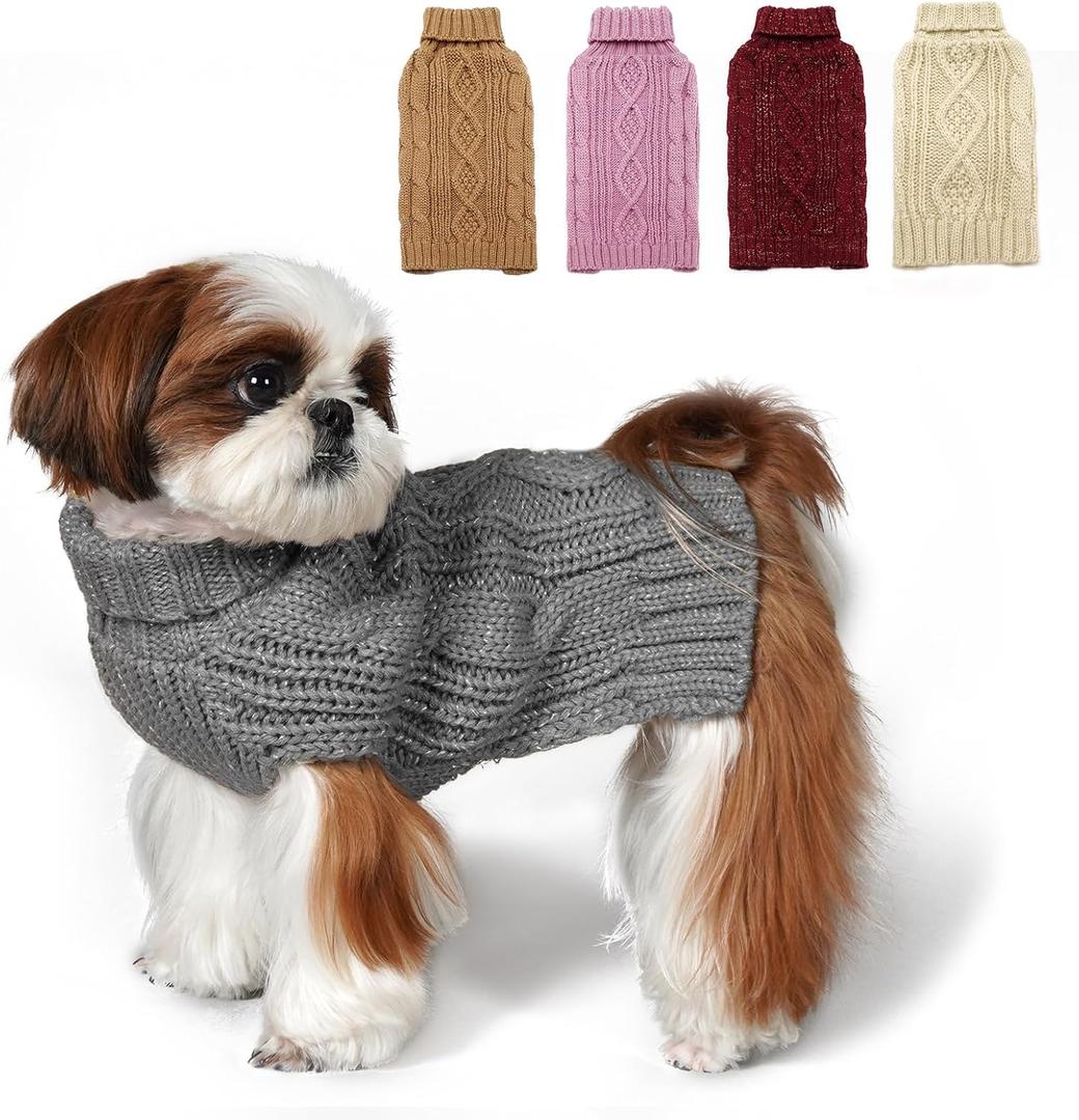 KYEESE Dog Sweaters for Small Dogs with Golden Thread Turtleneck Dog Cable Knit Pullover Sweaters for Cold Weather, Grey, Small