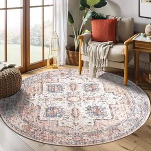 jinchan Round Rug 4ft Area Rug - Machine Washable 4'Circle Vintage Floral Non-Slip with Rubber Backing Ultra-Thin Low-Pile Carpet for Living Room Dining Room Entryway (4'Round,Orange) (Retro Orange/Blue)