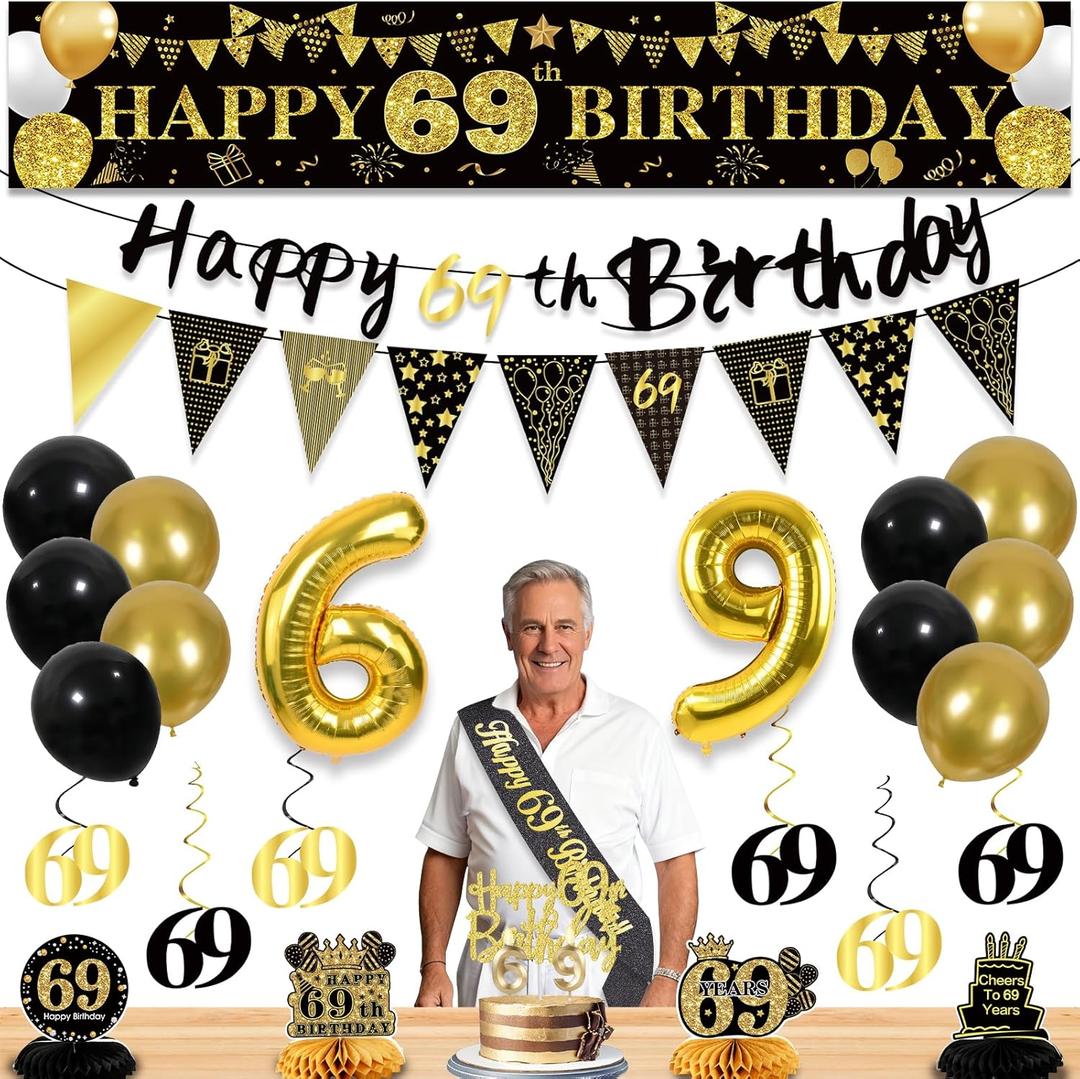 27pcs 69th Birthday Decorations for Men, Black Gold 69th Party Decorations, Happy 69th Birthday Banner Honeycomb Hanging Swirls Cake Topper and Balloons Kit Party Supplies