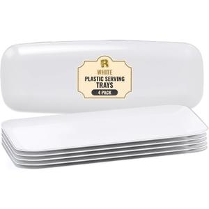 R-kay 4 Pack White Plastic Serving Trays for Party - White Serving Tray 17 by 6.5 in - Rectangular Heavy Duty Dessert Trays for Food