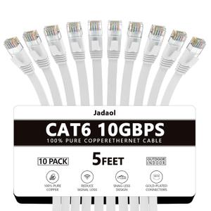 Jadaol Cat 6 Ethernet Cable 5ft 10-Pack, 10Gbps Support Cat8 Cat7 Network, Flat High Speed LAN Internet Patch Cables, Short Ethernet Cables for Router, Modem, Switch, PC, Laptop, Gaming Console, White