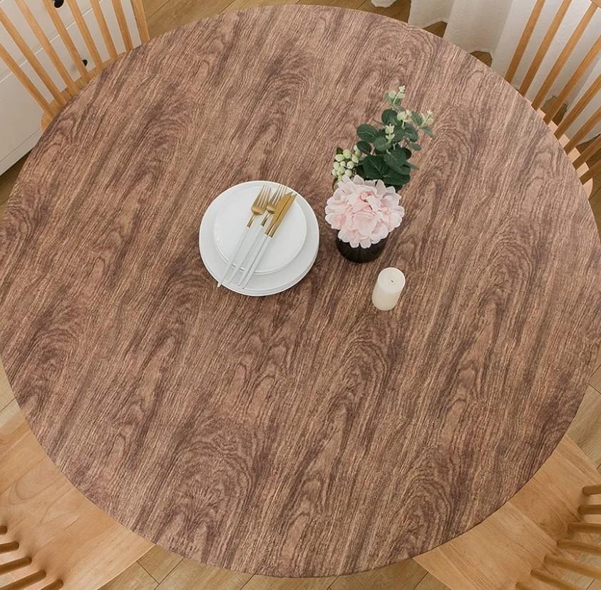 LIBERECOO Round Vinyl Fitted Tablecloth with Flannel Backing Elastic Edge Table Cover Waterproof Stain-Resistant Wipeable Tablcloths Fits 45-56" Round Tables