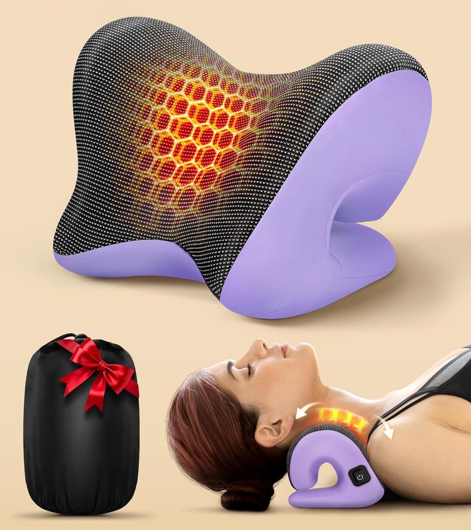 5X Pain Relief Neck Massager with Heat, Graphene-Infused Instant Heating Neck Stretcher for TMJ Migraine, Smart Control Cervical Traction Device Pillow for Heat Therapy, Christmas Gifts for Women Men (Purple&gray)