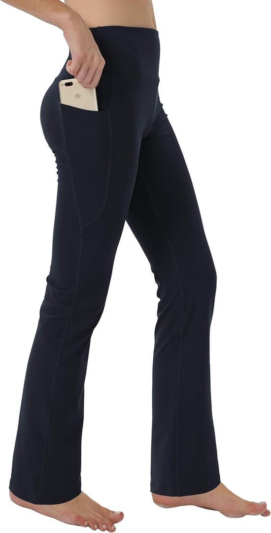 Keolorn Women's Bootleg Yoga Pants with Hidden Pockets Tummy Control Running Legging Long Bootcut (X-Large, Black)