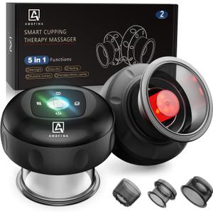5-in-1 Cupping Kit for Massage Therapy, 12 Levels Smart Dynamic Cupping Set with Red Ligh-t Therapy&Heat Penetrates for Targeted Pain Relief, Knots, Aches, Muscle Soreness - 2Pcs(Black&Black)