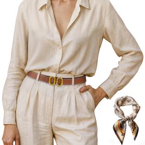 Giomos Women's Leather Belt for Jeans, Dress, Pants & Formal Outfits, Ladies Trendy Reversible Design Belt with Gold Buckle, Brown & Beige with Scarf, Size: Fit Waist Size 31"-36" (Beige)