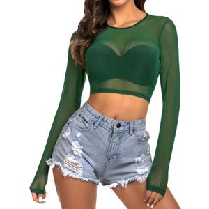 Avidlove Women Mesh Crop Top Long Sleeve See Through Shirt Sheer Blouse O Neck Clubwear (Medium, Dark Green)