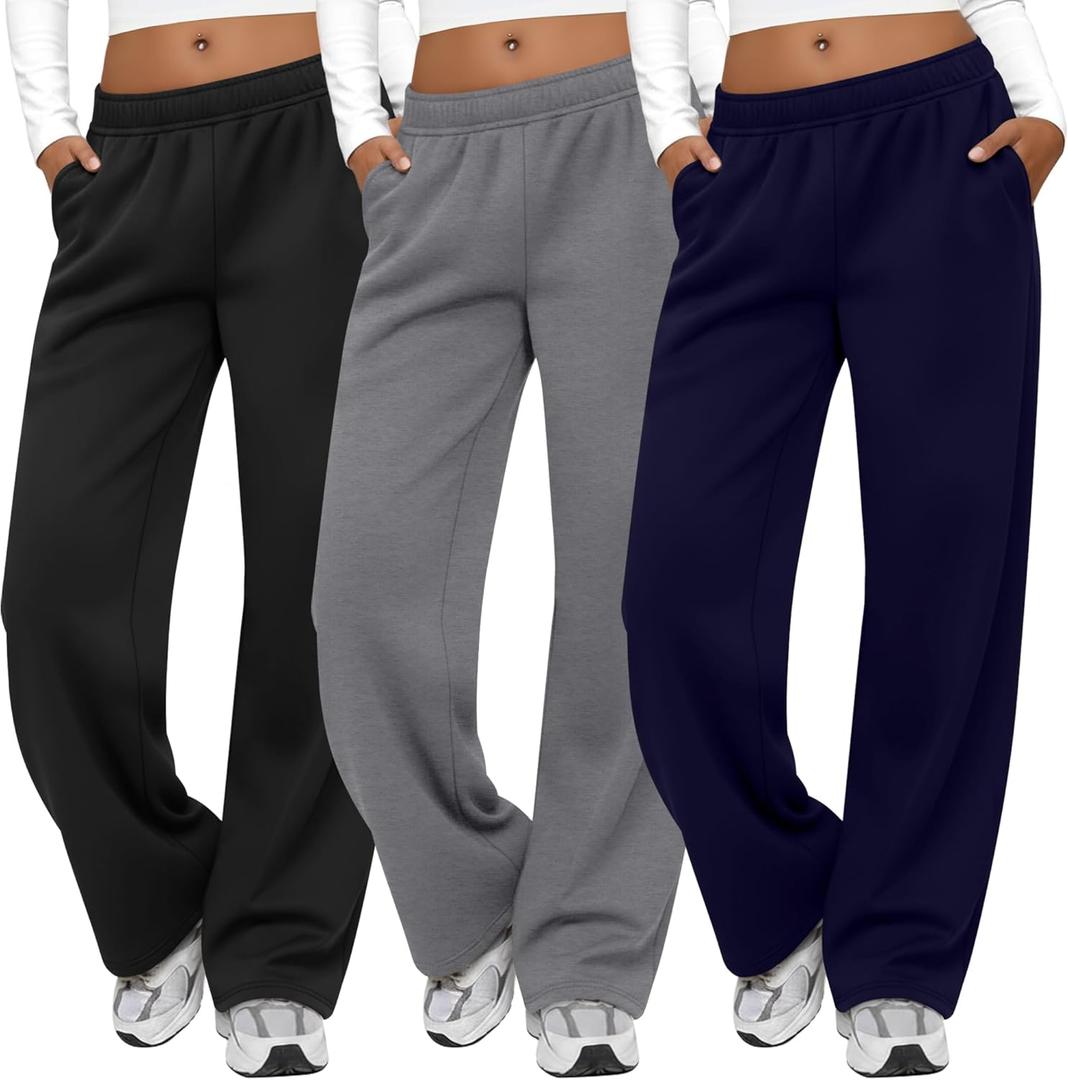 3 Packs Women's Wide Leg Pants Built-in Drawstring Sweatpants Soft Baggy Lounge Yoga Pants with Pockets (X-Large, Black, Light Mixed Gray, Navy Blue)