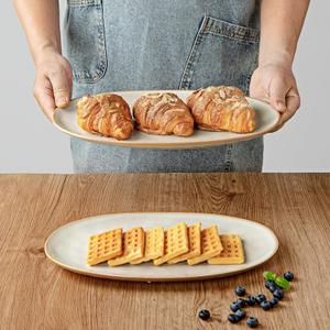 famiware Serving Platter, Oval 15.59/12.9 inch Serving Dishes for Entertaining, Serving Bowls, Microwave Safe, Stonware Serving Trays for Party, Turkey, Cheese, Ocean Series, Cappuccino White, 2 Pack