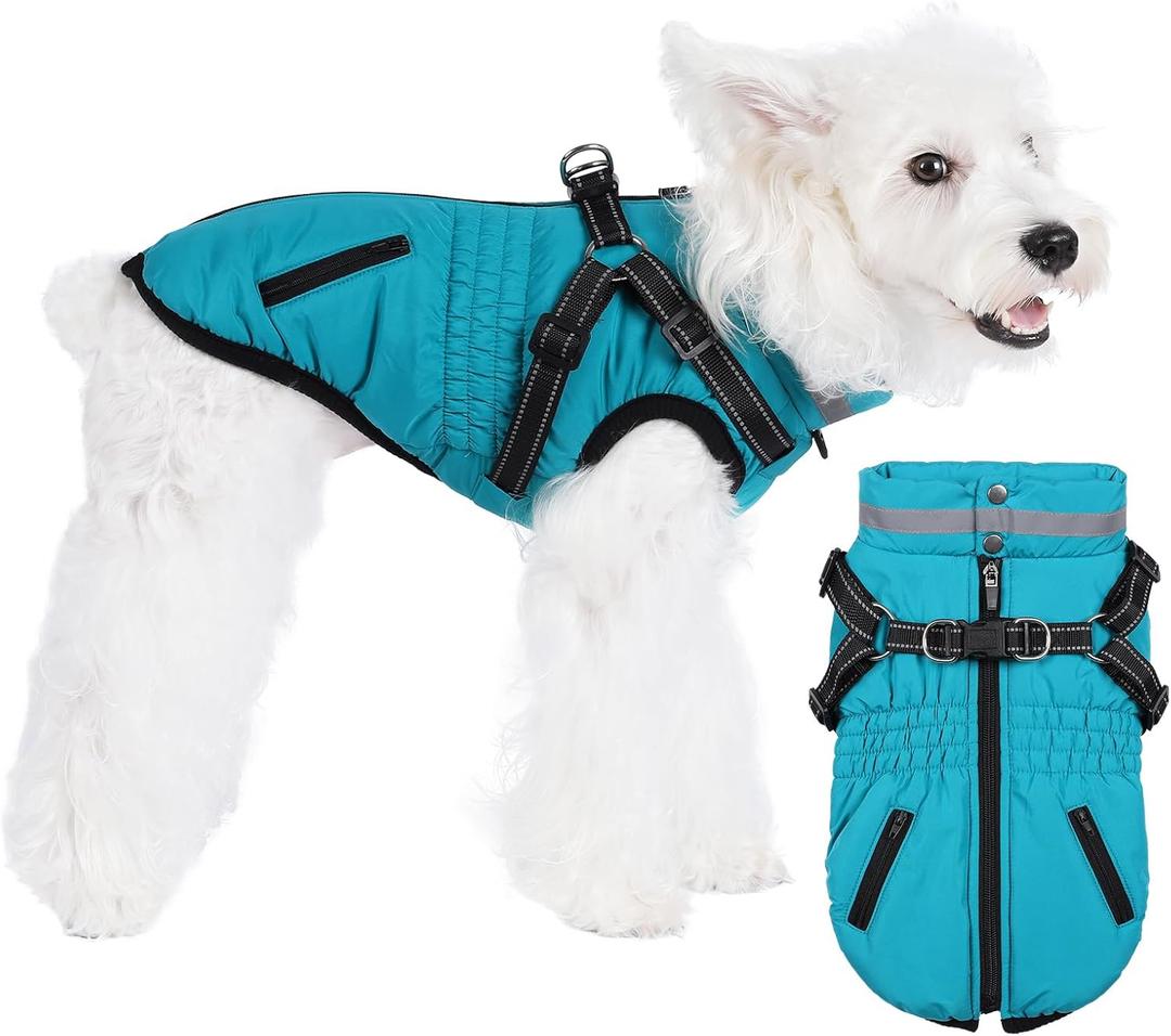 Norbi Dog Coats with Harness, Warm Dog Coat Reflective, Winter Dog Coats for Small Dogs, Adjustable Dog Jacket Vest Dog Cold Weather Coats for Small Medium Dogs, Cyan