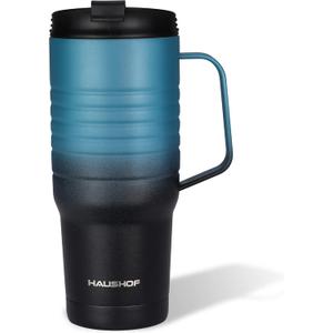 HAUSHOF 24 oz Travel Mug with Handle, Stainless Steel Vacuum Insulated Coffee Travel Mug, Double Wall Travel Mugs with Leakproof Lid, BPA Free (Blue & Black)