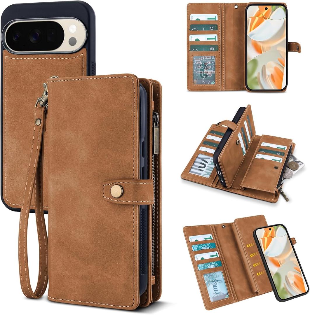 TwoHead for Google Pixel 10/10 Pro Wallet Case with Card Holder & Detachable Magnetic Pixel 10/10 Pro Case, PU Leather All-Round Protective Phone Cover,Brown,6.3 in