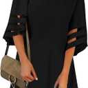 Women Summer Tunic Dresses Casual 3/4 Bell Sleeve Crewneck Mesh Panel Loose Shift Dress