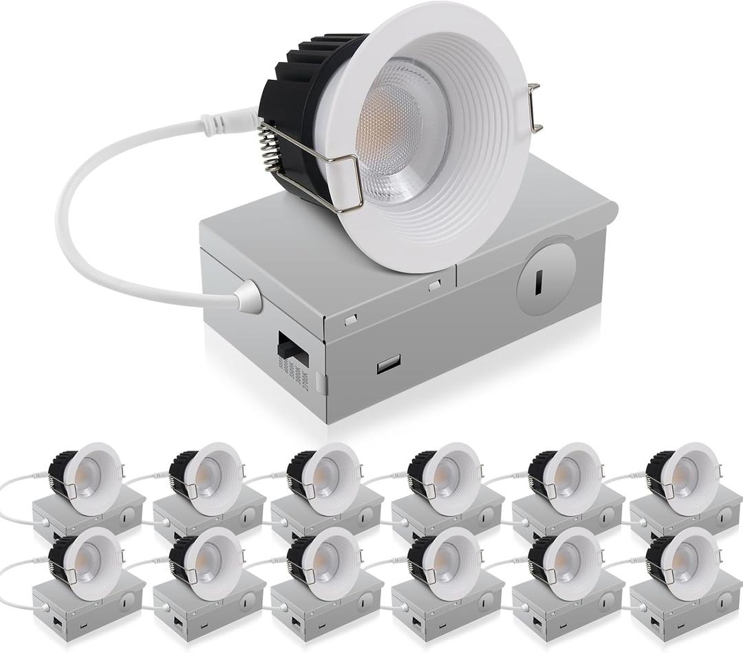 Adetu 3 Inch 5CCT Anti-Glare LED Downlight with Junction Box, 2700K/3000K/4000K/5000K Selectable, CRI90+, 12W COB, 1160LM, IP65 Waterproof, Dimmable-ETL and Energy Star Certified (White,12 Pack)