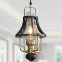 Farmhouse Chandelier Modern Hanging Light, Vintage Rustic Pendant Lights Fixture, Crackle Glass Shade, Wood & Metal Cage Base for Living Room Dining Room Foyer Kitchen Island Bedroom (Black-brass color)