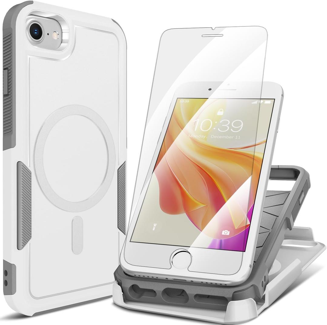 for iPhone SE Gen 3rd 2022/2nd 2020 Case, iPhone 8/7 Case, with 2X Tempered Glass Screen Protector, 360 Full Body Shockproof Heavy Dropproof,Hard PC & Soft TPU 2 in 1 Design, Armor White