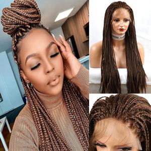SIMBEAUTY Chocolate Brown Micro Braided Wigs For Black Women 26inch Long Synthetic Lace Front Wig With Baby Hair Cornrows Box Braiding Hair Wig Free Part