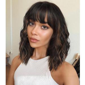 Veally Short Wavy Bob Wigs with Bangs for Women Black Mixed Brown Short Wavy Bob Curly Wig Synthetic Heat Resistant Bob Wig, Black Mix Brown