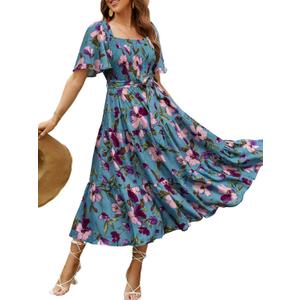 Amegoya Women's Flowy Summer Boho Floral Midi Dress Casual Square Neck Smocked Cottagecore Dress (Blue Floral M)