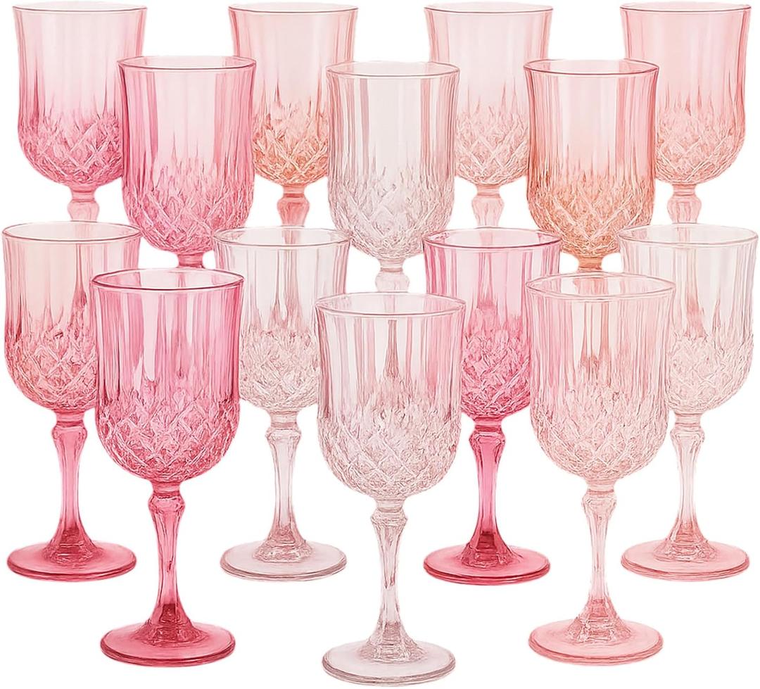Vesici 24 Pcs Plastic Vintage Wine Glasses 7oz Reusable Colored Goblets Unbreakable Patterned Stemmed Drinking Glasses Drinkware Cup for Wedding Reception Party Supplies(Pink)