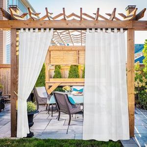 NICETOWN 2 Panels Indoor Outdoor Waterproof Patio Curtains, Sticky Tab Top Soft Voile Sheer Vertical Indoor Outdoor Drapes Easy Hanging for Porch/Cabana, Ivory, W54 x L96