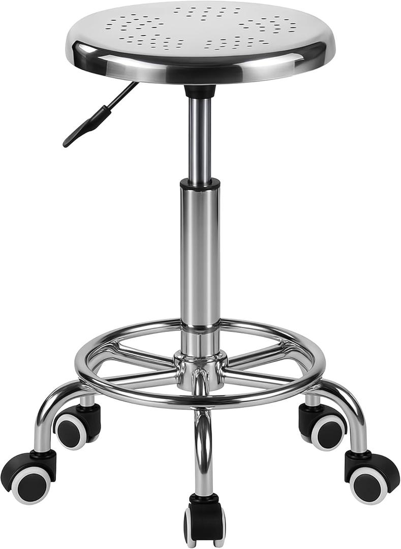 Rolling Stool, Stainless Steel Workbench, Adjustable Swivel Stool Medical 5 Wheels, 304 Stainless Steel Structure Laboratory Round Pad, Load Capacity 445 lbs (Silver) (Plata)