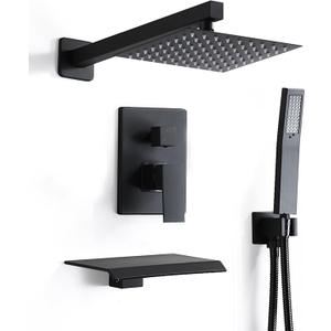 8 Inch Shower Faucet Set, Rainfall Shower System with High Pressure Handheld Shower Head, Bathroom Mixer Shower Set Wall Mounted Rough-in Valve and Trim Kit, with Tub Spout (Matte Black)