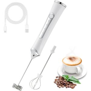 Handheld Electric Milk Frother with 2 Heads, Coffee Whisk Foam Mixer with USB Rechargeable 3 Speeds, Foam Maker Blender for Latte, Cappuccino, Hot Chocolate, Egg (White)