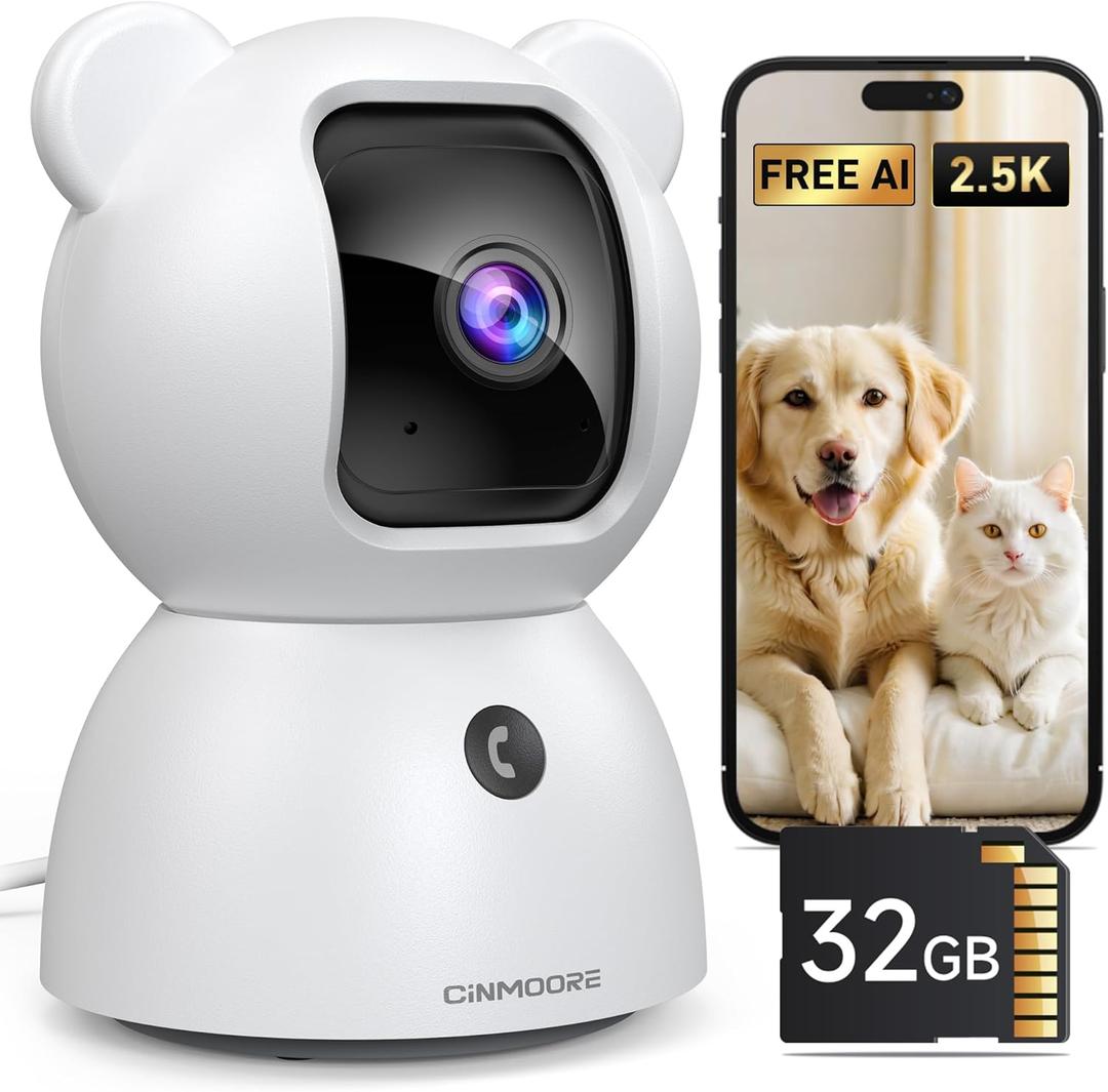 4MP Camera for Home Security, Free 32GB SD Card, Non-Subscription AI Human/Pet/Crying Detection, 2.5K Dog Cat Pet Camera with Phone APP, 360 Coverage, 2-Way Talk, IR Night Vision, 2.4G WiFi