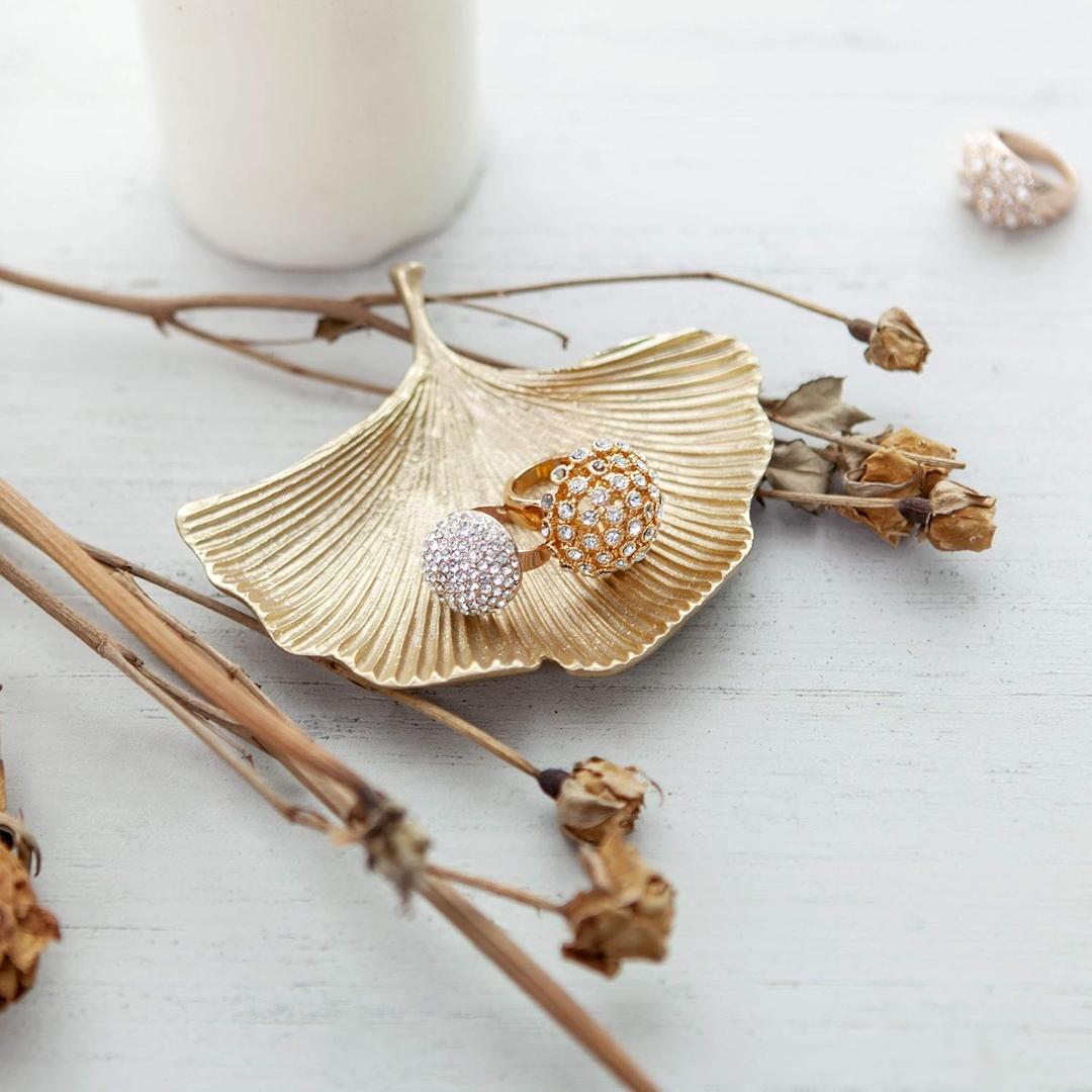 NIKKY HOME Gold Jewelry Tray Ginkgo Leaf Trinket Dish Vintage Ring Holder Bowl for Bracelet Earring Necklace Organizer Decorative Metal Pewter Display Plate Handmade Gift for Women Girl, Gold