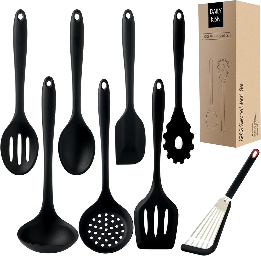 Silicone Kitchen Utensils Set, 8 PCS Heat Resistant Non Stick Cooking Tools, Silicone Spatula/Turner/Serving Spoon/Soup Ladle/Slotted Spoon/Pasta Server/Skimmer/Fish Spatula (Black)