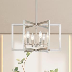 Brushed Nickel Chandelier 6-Light, Dining Room Light Fixture Geometric Metal Modern Chandelier Lighting for Kitchen Island Living Room Entryway, 20 Inch Pendant Lighting Hanging Ceiling Lamp