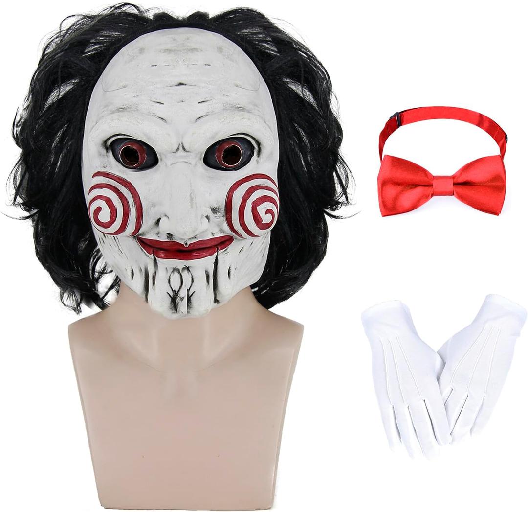 Scary Adult Halloween Costumes Mask Men Billy Mask Scary Movie Cosplay Full Head Latex Mask with Bow Tie Gloves QM055